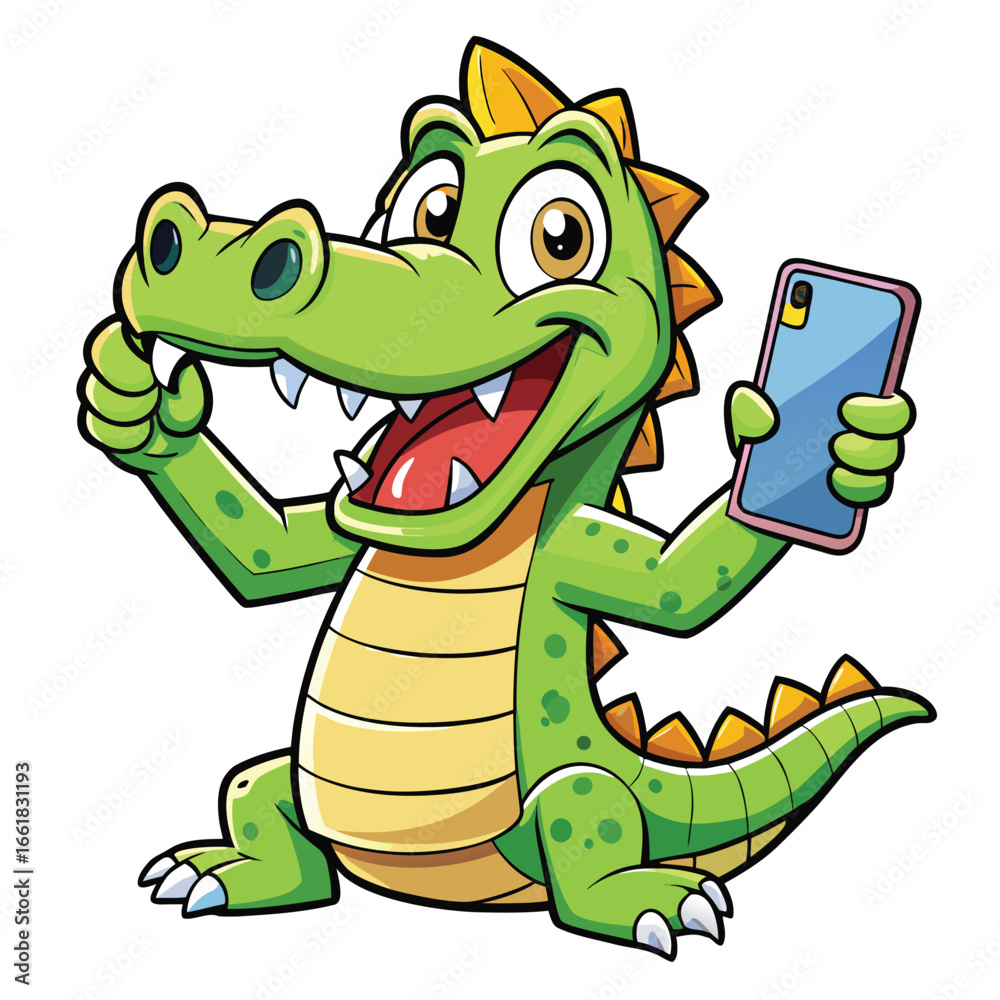 Fototapeta premium crocodile takes a selfie with a smartphone in hand