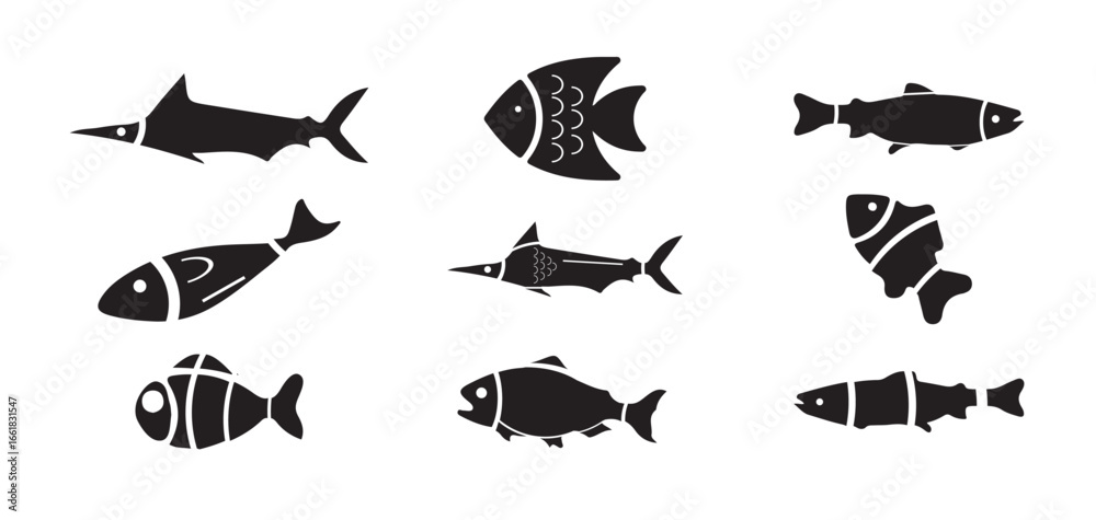 Fototapeta premium fish icon set, Food sign collection, Ocean symbol , simple fish silhouette logo, vector illustration EPS 10.