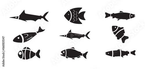 fish icon set, Food sign collection, Ocean symbol , simple fish silhouette logo,  vector  illustration EPS 10.
