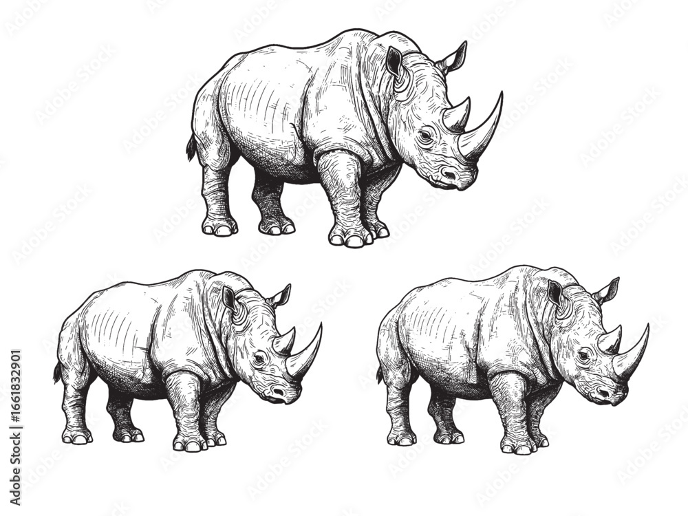 Fototapeta premium Black and white vintage engraving of rhinoceros with strong posture heavy body and bold texture