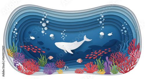 Delightful Underwater Scene Featuring a Whale in a Paper Cut Style Illustration
