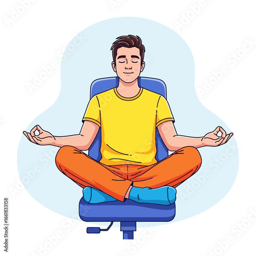 Inner Peace at Desk: A person achieves zen-like calm while meditating at their desk. The illustration of peacefulness