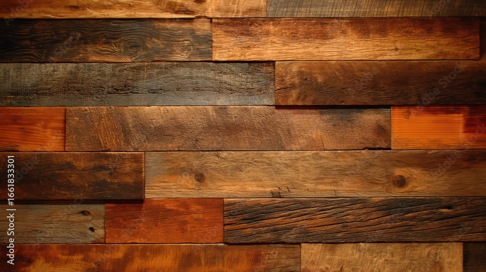 Naklejka premium Rustic Lodge Wood Interior Wall with Varied Textures and Colors