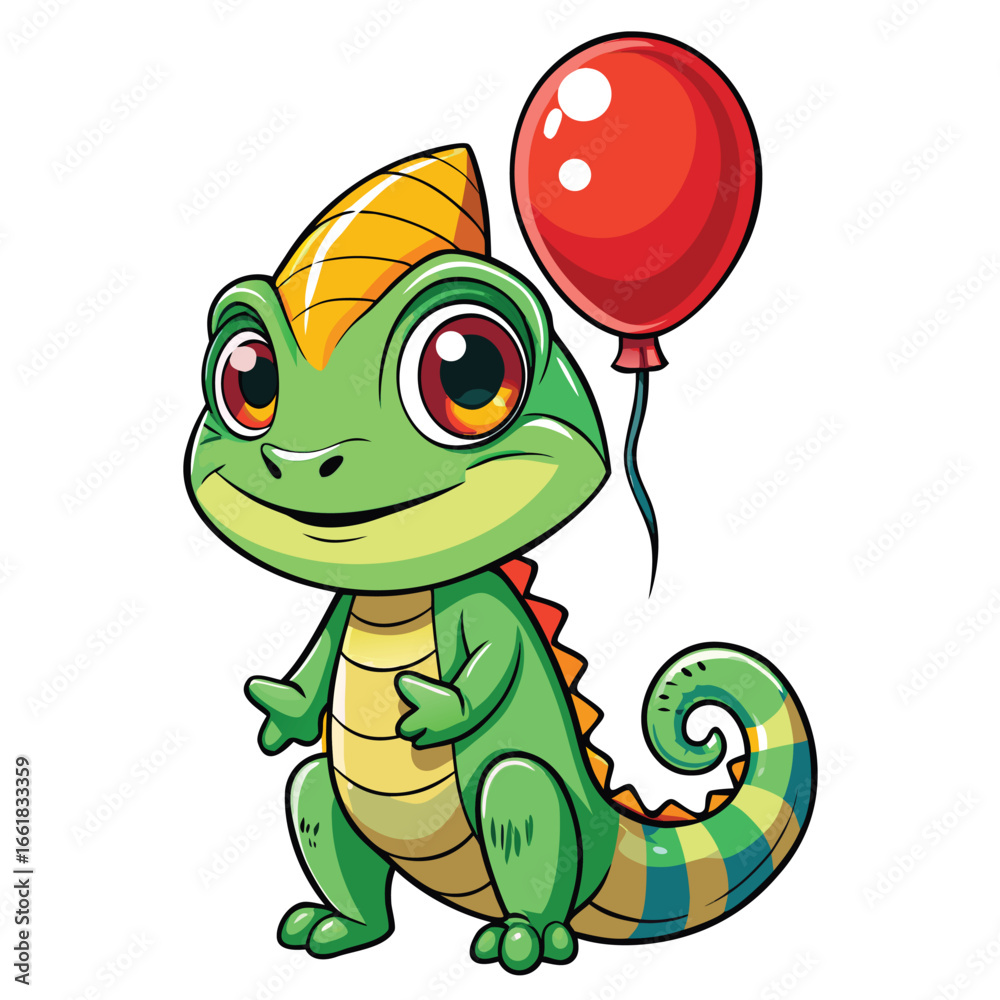 Fototapeta premium chameleon smiles while holding a big colorful balloon