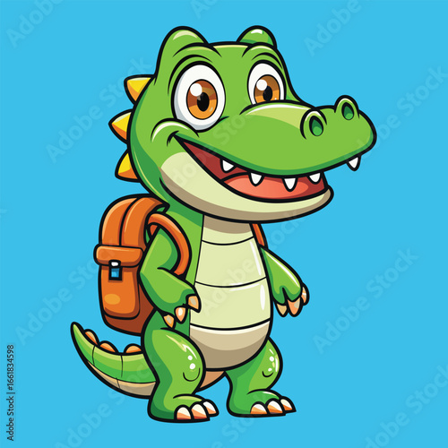 Cute cartoon crocodile goes back to school carrying a backpack