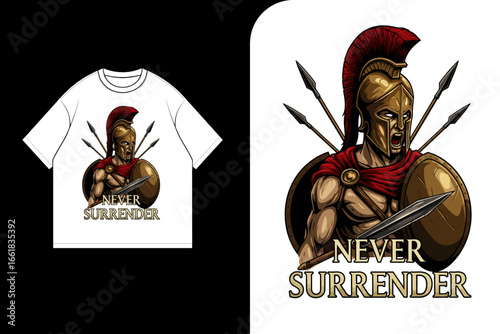 A fierce Spartan warrior, clad in armor, brandishes a sword and shield, emblazoned with the motivational phrase "Never Surrender," displayed on a white t-shirt design.