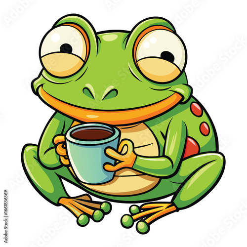 frog sips coffee while yawning, looking cozy and sleepy in the morning