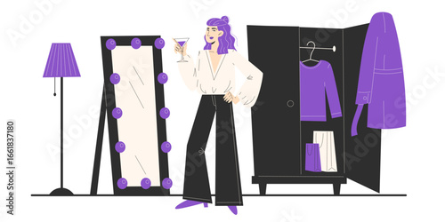 Man dressing up in bedroom in front of mirror expressing identity and style LGBT fashion concept
