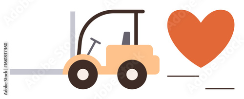 Orange forklift driving towards a heart, symbolizing effort and care delivery. Ideal for logistics, teamwork, compassion, efficiency, customer care, gift delivery, simple flat metaphor