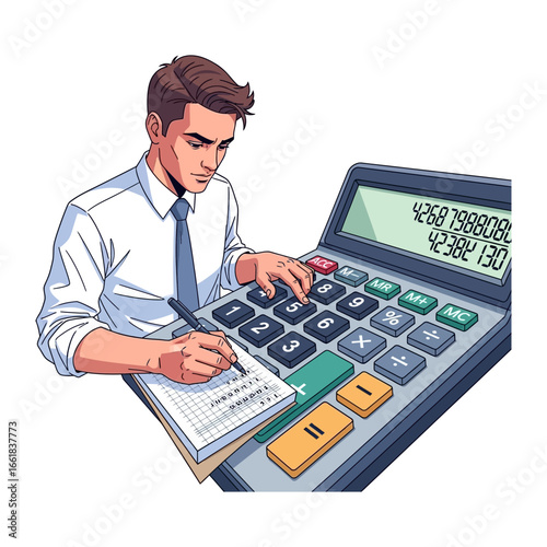 Calculating the Future: A focused individual meticulously works with a calculator, engrossed in a world of numbers, and scribbling down calculations