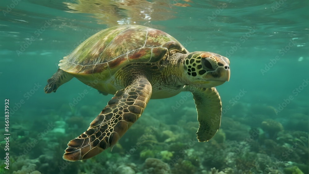 Fototapeta premium Sea Turtle Swimming Gracefully Over a Coral Reef