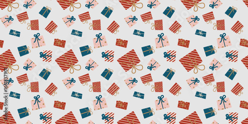 Seamless pattern Bright flat style gift boxes Isolated gray background. Festive holiday presents vector illustration for wrapping paper, textile, seasonal design Christmas, New Year, Birthday