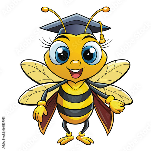 honey bee celebrates graduation, wearing cap and holding diploma with pride