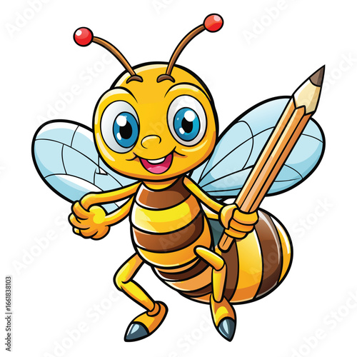 honey bee grips a pencil, eager to create colorful drawings