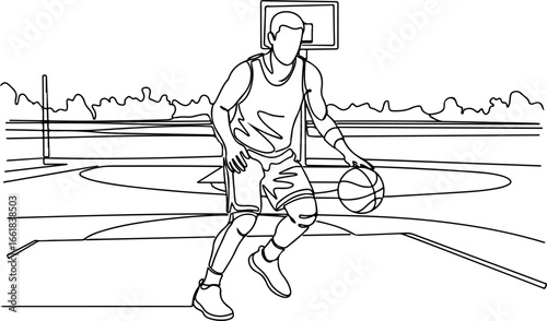 Basketball Player Dribbling on Outdoor Court