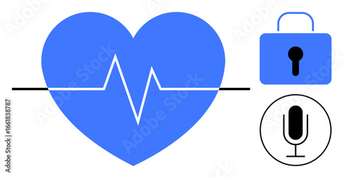 Blue heart with ECG line, secure padlock, microphone icon. Ideal for healthcare, data privacy, telemedicine, health tracking, data encryption, communication and simple landing page