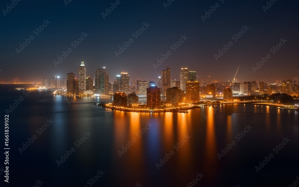 Naklejka premium Night Cityscape on Island Golden Lights and Bokeh Background. High quality