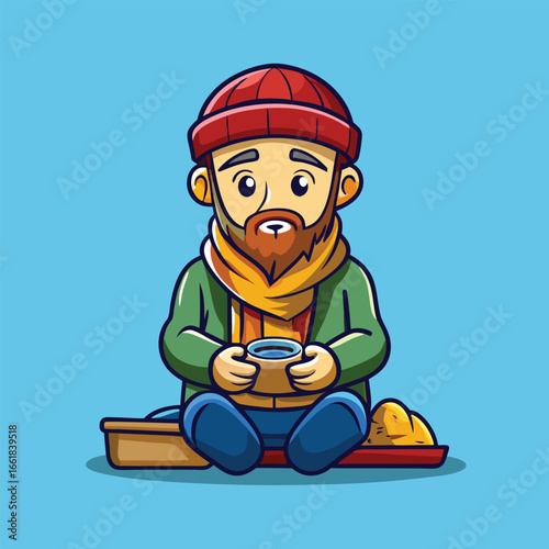 Lonely cartoon man sits on sidewalk, looking helpless and jobless, holding a hat