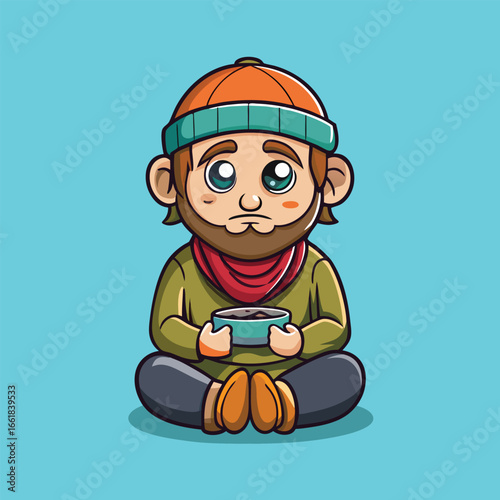 Sad cartoon man sits on the street, looking jobless and holding a hat for coins