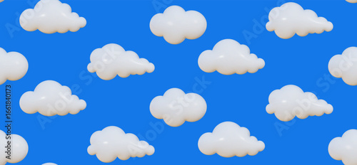 Seamless retro balloon style pattern featuring 3D inflated clouds against a vibrant blue background.