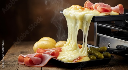 A mouth-watering food photograph showcasing a raclette dish
