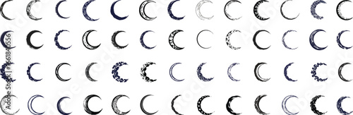 Crescent Moon Phases Vector Set with Grunge Texture and Black Ink Style for Astronomy and Night Sky Design