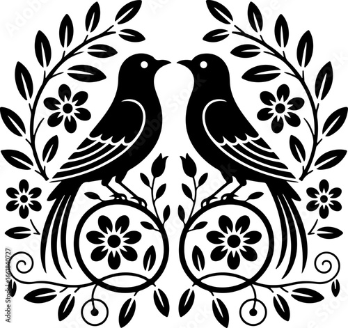 black silhouette illustration featuring two stylized birds facing each other 
