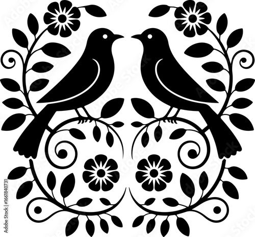 black silhouette illustration featuring two stylized birds facing each other 