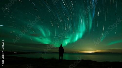 Silhouette of a person observing the vibrant aurora borealis under a starry sky