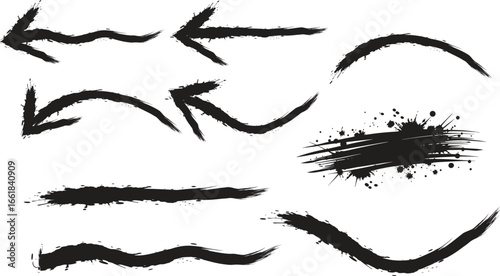 Bold brush  arrows curved and wavy collection. Funky vector thick arrows. Hand drawn bold direction pointers, squiggle thick lines, curly brush strokes for banners, design or collages.