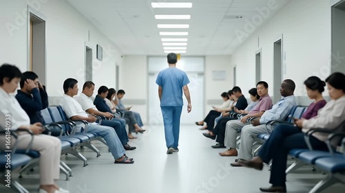 Doctor Walking Down Hospital Hallway Past Waiting Patients
