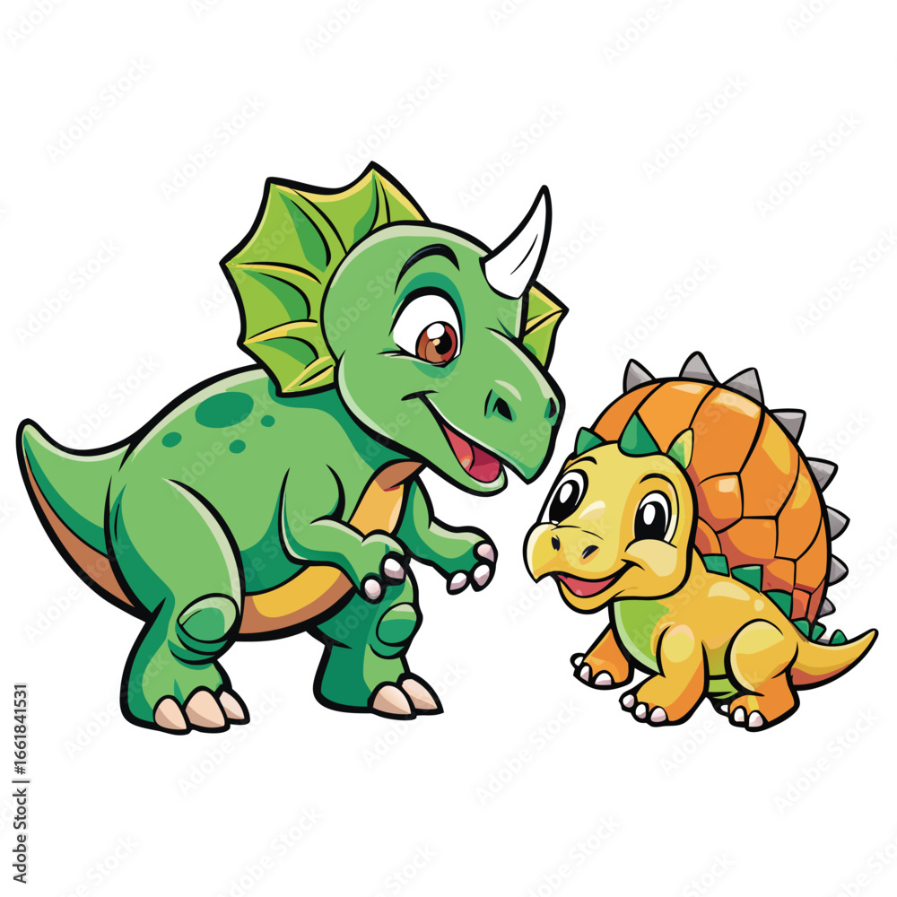 Fototapeta premium Triceratops and T-Rex share a playful moment together in a lively prehistoric world