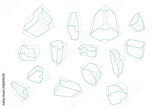 A variety of shapes in a 3-point perspective with displaying the single rounding principle