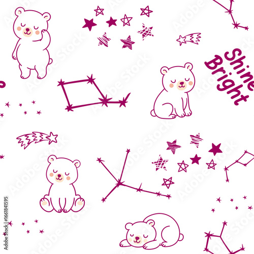 Seamless pattern with cute sleeping bears and stars