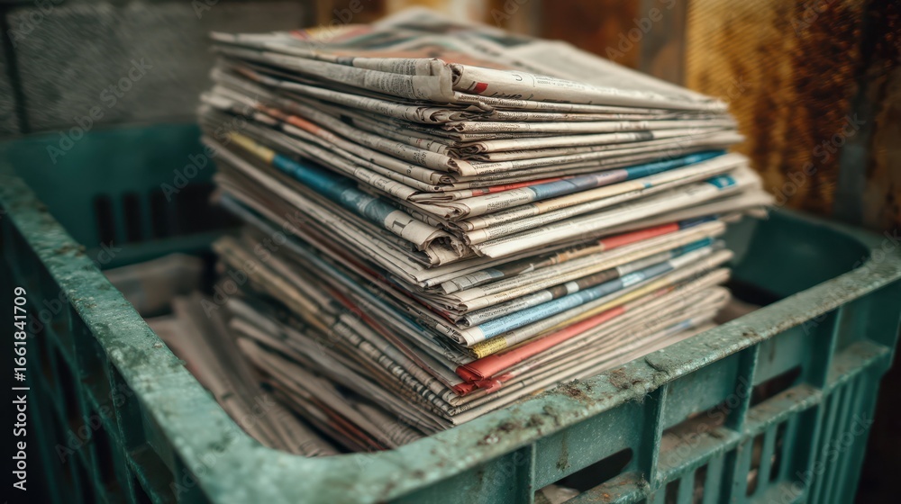 Stacked Newspapers in a Green Recycling Bin for Waste Management Stacked Newspapers in a Green Recycling Bin for Waste Management
