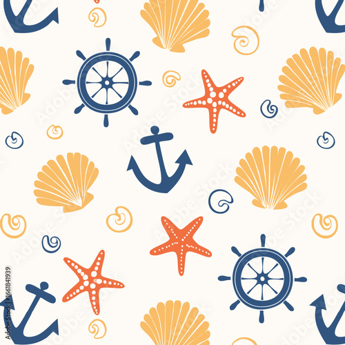 Seamless vector pattern with seashells, starfish, anchors and steering wheels