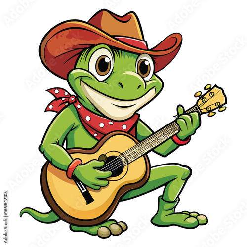 lively cartoon frog strums a guitar while wearing a stylish cowboy hat