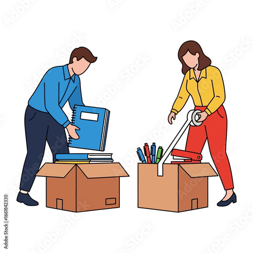 Office Relocation: The illustration depicts two figures, packing their belongings into cardboard boxes, preparing to relocate. The focus is on the transition from one workspace to another.