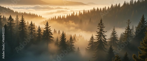 Golden sunrise through misty forest mountains, dramatic light rays over pine trees, scenic nature landscape, travel wilderness photography inspiration
