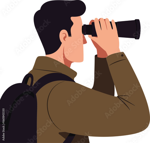 Man using binoculars for outdoor observation with backpack vector illustration