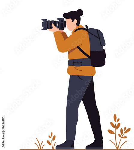 Photographer taking pictures with camera outdoors wearing backpack and casual clothing vector illustration