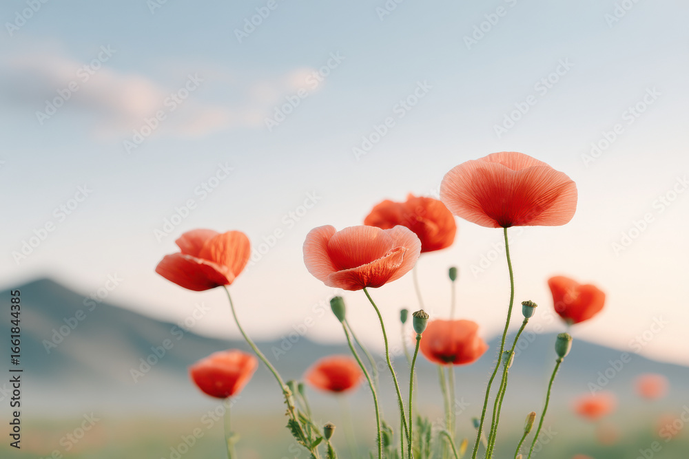 Obraz premium breathtaking dawn breaks over tranquil field with bright red poppies gracefully swaying in soft breeze