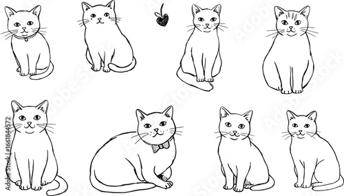 Cute cat line art set with various poses and simple style for pet lovers and design projects vector illustration