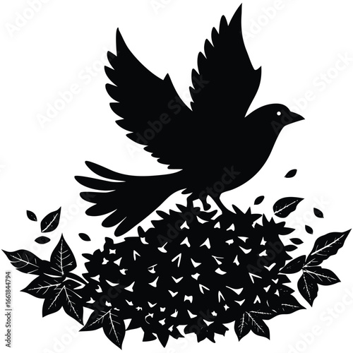 Silhouette of a bird taking flight from a cluster of leaves