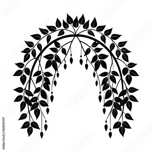 Black silhouette of an arched branch with leaves and hanging buds