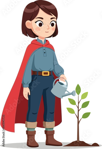 Girl wearing red cape watering small plant growth gardening nature care vector illustration