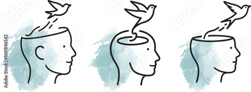 Silhouette visage humain avec envol oiseau, se libérer des émotions, dessin au trait