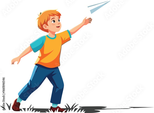 Boy throwing paper plane outdoors playful child enjoying summer activity vector illustration