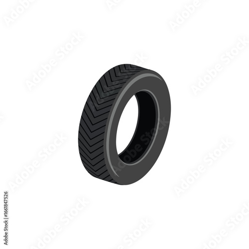 An isolated illustration of a car tire with a textured tread viewed from a slight angle on a white background