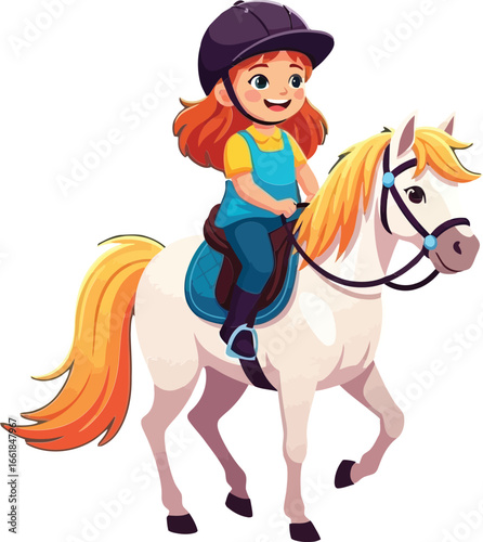 Girl riding horse vector illustration with playful expression and colorful outfit in cartoon style